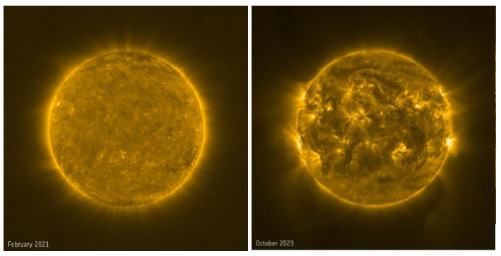 Hình ảnh Mặt trời vào tháng 2-2021 và tháng 10-2023 - (Ảnh: NASA/ESA).