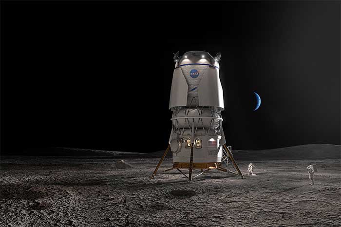 Hình ảnh mô phỏng tàu đổ bộ Blue Moon của công ty Blue Origin, có sứ mệnh đưa các phi hành gia lên bề mặt Mặt trăng theo chương trình Artemis. (Ảnh: AFP/TTXVN).