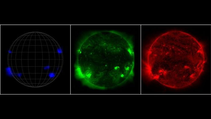 Trong khi NuSTAR quan sát được các tia X năng lượng cao từ Mặt trời (được diễn tả bằng màu xanh lam), kính Hinode quan sát được tia X năng lượng thấp (xanh lá), và Đài quan sát Động lực học Mặt trời ghi được hình ảnh của tia cực tím (đỏ). (Ảnh: JPL-Caltech/JAXA/NASA).