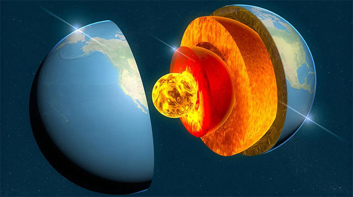 Cấu trúc của Trái đất với lõi trong là quả cầu kim loại đặc, lõi ngoài là quả cầu kim loại nóng chảy - (Ảnh: THE WEATHER NETWORK).