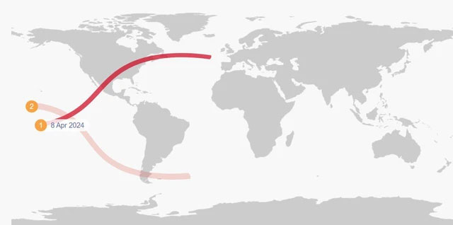 Dải trung tâm (màu đỏ) của nhật thực toàn phần ngày 8-4 và nhật thực hình khuyên 2-10.