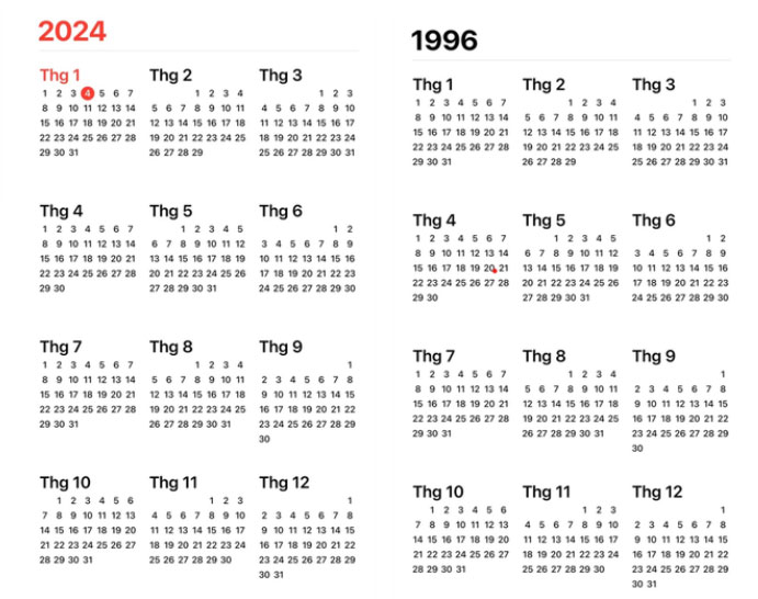 Lịch năm 2024 rất giống năm 1996.