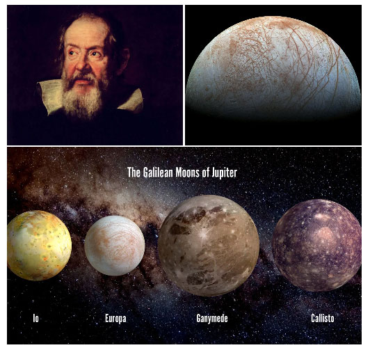 Nhà bác học Galileo Galilei, Europa và toàn bộ 4 mặt trăng Galilean - (Ảnh: NASA).