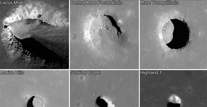Những miệng hố được phát hiện trên Mặt trăng được cho là lối dẫn vào ống dung nham. (Ảnh: NASA).