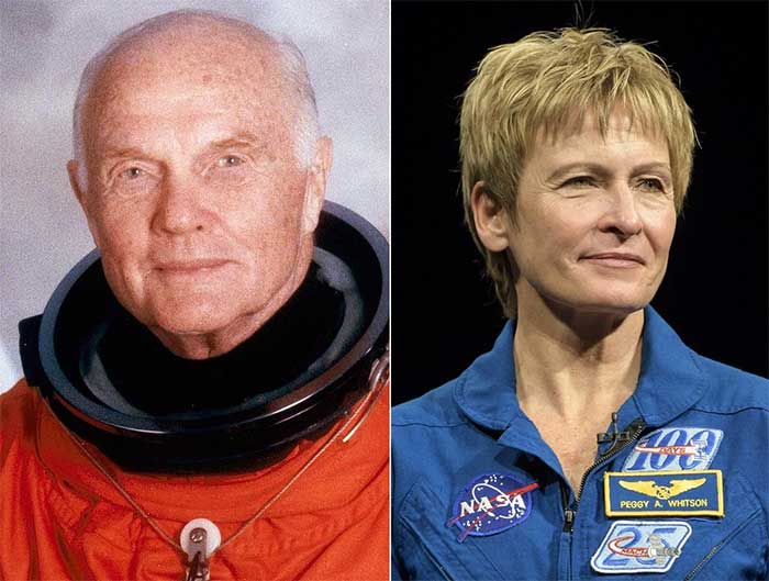 John Glenn (trái) và Peggy Whitson là những người cao tuổi nhất từng bay vào không gian. (Ảnh: NASA).