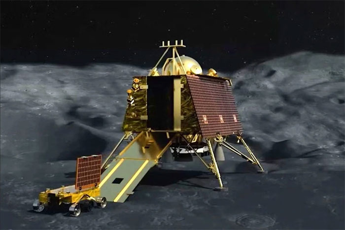 Hình ảnh mô phỏng tàu đổ bộ Vikram và tàu thám hiểm Pragyan của sứ mệnh Chandrayaan-3. (Ảnh: ISRO).