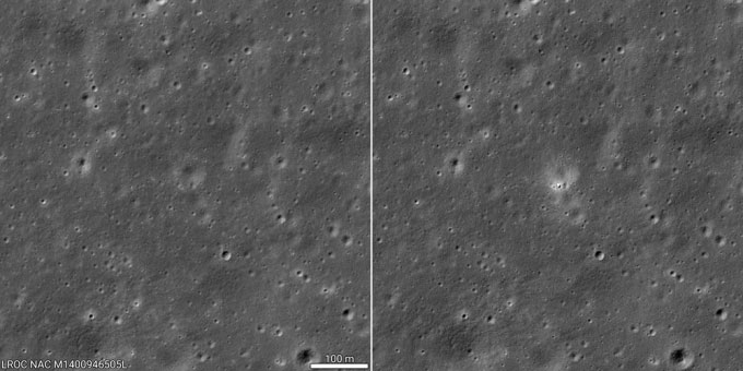 Khu vực phía xa Mặt trăng trước (trái) và sau khi tàu Hằng Nga 6 hạ cánh (phải). (Ảnh: NASA/Goddard/Đại học bang Arizona)