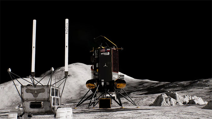 Hình ảnh mô phỏng tàu thám hiểm Lunar Outpost, với ăng-ten Nokia mở rộng trên Mặt trăng. Nokia và NASA đang cố gắng đưa mạng di động 4G lên bề mặt Mặt trăng. (Ảnh: Nokia Bell Labs)