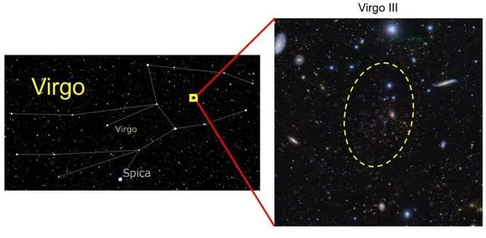 Ảnh phóng to thể hiện vị trí của thiên hà Virgo III, nằm trong chòm sao Xử Nữ theo góc nhìn từ Trái đất - (Ảnh: NAOJ/ĐẠI HỌC TOHOKU).