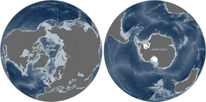Vị trí địa lý của Bắc Cực (trái) và Nam Cực (phải) là nguyên nhân chính tạo nên sự khác biệt về nhiệt độ. (Ảnh: NOAA).