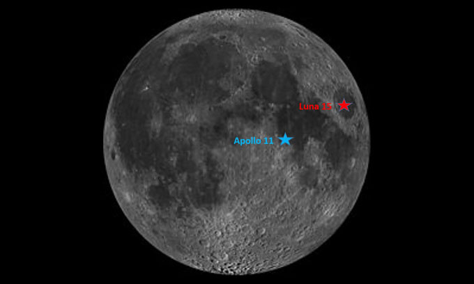 Vị trí hạ cánh của tàu Apollo 11 và Luna 15 trên Mặt trăng. (Ảnh:NASA).